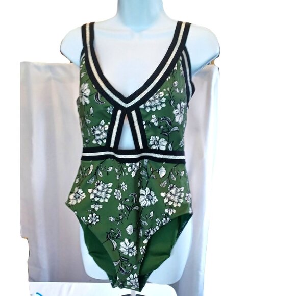 Floral Green One-Piece Swimsuit With Cutouts & Black/Gold Striped Accents - Picture 1 of 10